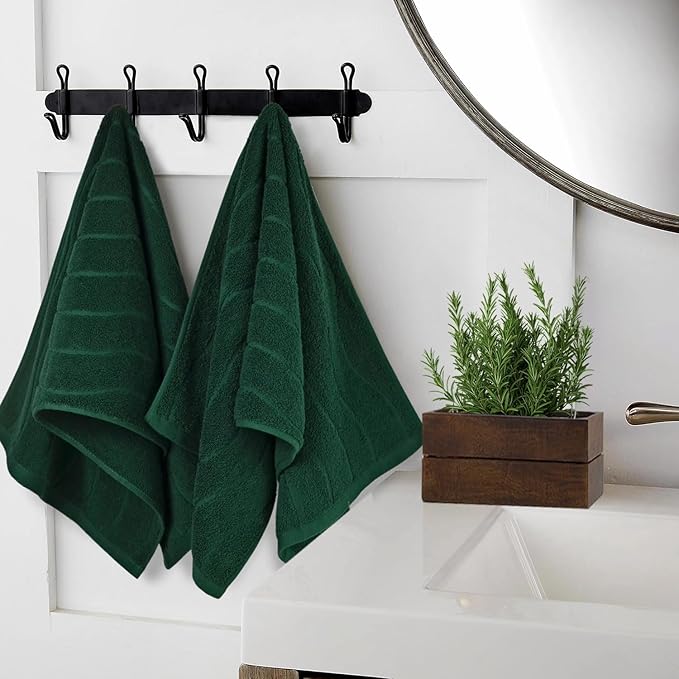 Jacquotha 2-Piece Hand Towels Set in Forest Green, Wavy Striped Jacquard Towels for Bathroom Kitchen Gifts (13x29 Inches, 100% Cotton)