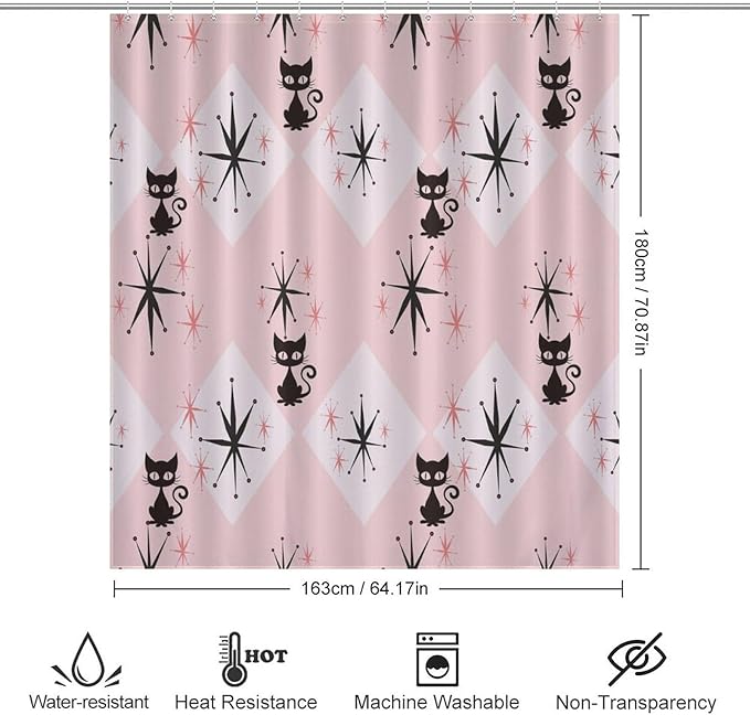 Mid Century Modern Shower Curtain,Pink Retro Atomic Cat Abstract Geometric 1960s Fabric Bathroom Decor Curtains with Hooks 66x72in（168x183cm）