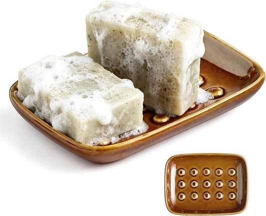 Soap Dish for Shower, Ceramic Soap Dish for Bar Soap Sponge, Soap Holder Saver Tray for Bath Kitchen Sink Bathtub, Farmhouse Decor, Raised Pattern - Keep Soap Dry, Dark Brown