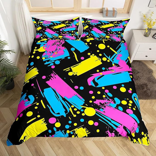 80S 90S Fashion Style Bedding Set Queen Size,Retro Memphis Style Pattern with Geometrical Shapes Duvet Cover for Kids Child,Funky Hipster Old Fashioned Comforter Cover Geometric Bedroom Decor
