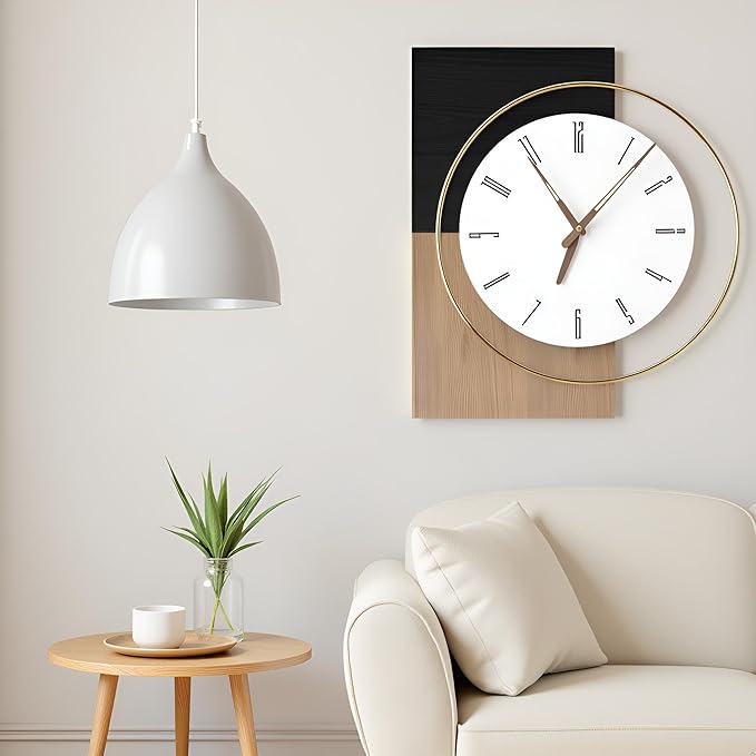 19x16 Inch Modern Silent Wall Clock Battery Operated, Wooden Farmhouse Decorative Clocks for Living Room, Bedroom, Kitchen, Office & Hallway – Non-Ticking Quiet Design