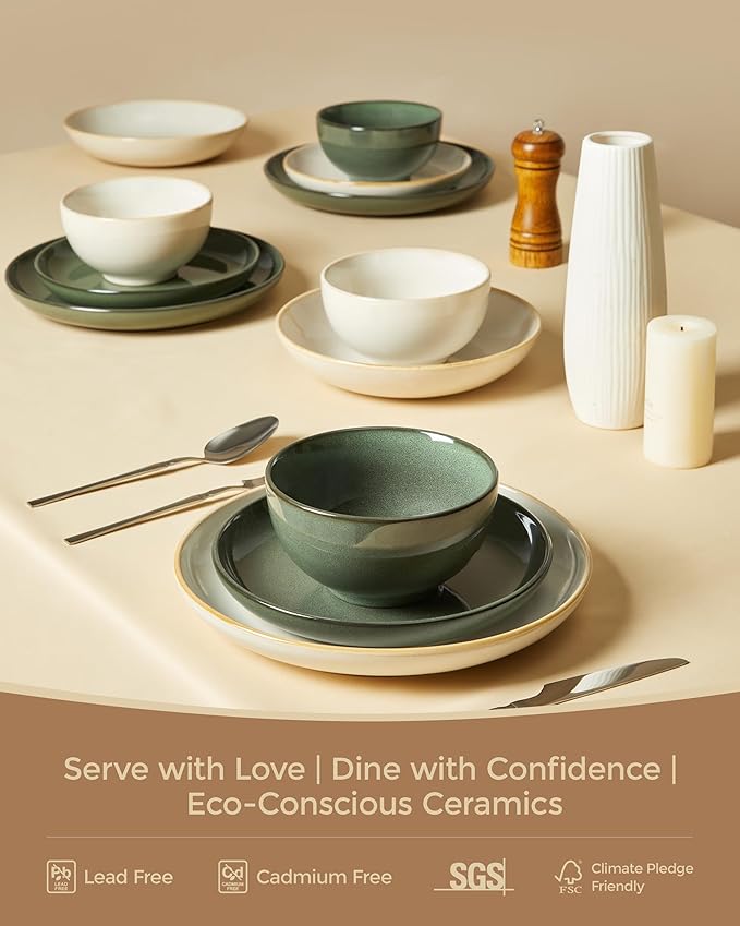 16 Piece Double Bowl Dinnerware Sets with Pasta Bowls, Highly Chip and Crack Resistant Plates and Bowls Sets, Natural Earthyware Ceramic Dishware Sets, Service for 4 Yellow White