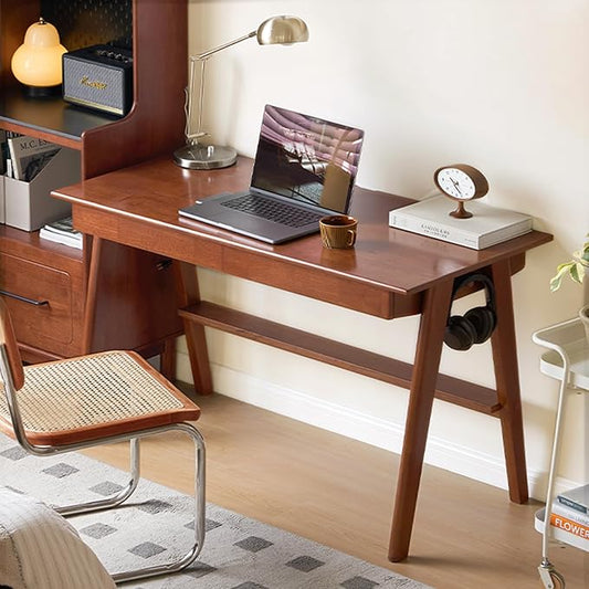 100% Solid Wood Desk Home Office Desk Mid Century Modern Rubberwood Writing Computer Desk with Drawer for Home Office 39" W