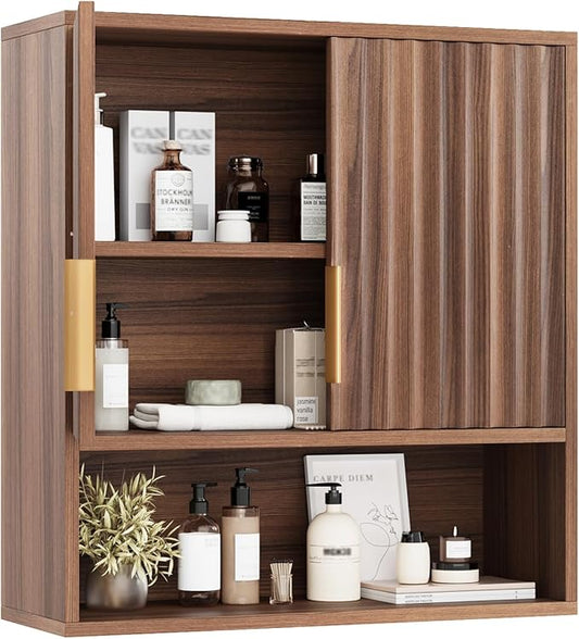 VINGLI Bathroom Wall Cabinet, Walnut Fluted Medicine Cabinet with Doors, Wall Mounted Storage Cabinet Over Toilet with Adjustable Shelf, Mid-Century Hanging Organizer for Kitchen, Laundry