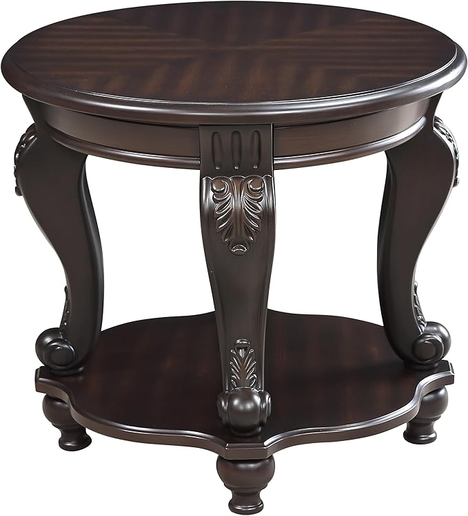 JIJIWANG Wood Round Sofa Table with Antique Carved Legs Oval End Table with Buttom Shelf for Small Space, Espresso
