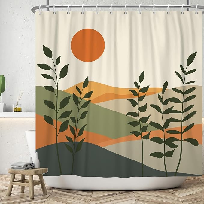 Modern Boho Shower Curtain Set,Mid Century Shower Curtains for Bathroom,Minimalist Sun Waterproof Bathroom Curtains with Hooks 72x72inch