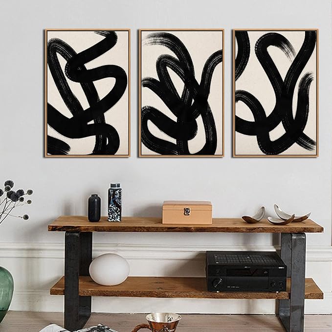arteWOODS Framed Wall Art Canvas Abstract Lines Pictures Modern Mid Century Boho Wall Decor Minimalist Abstract Black Stroke Lines Painting Artwork Living Room Bedroom Home Office Natural 16"x24"x3pc