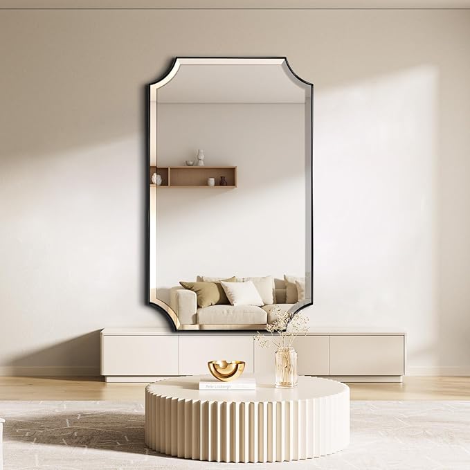 POZINO Rectangle Beveled Mirror, 24"x40" Bathroom Vanity Mirrors for Over Sink, Modern Matte Black Decorative Wall Mirror, Rounded Corner Oblong Mirrors for Living Room Bedroom Fireplace Entryway