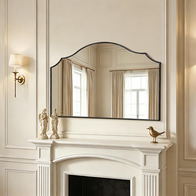 Besdomus Oversized Scalloped Black Mirror: 54"x34" Modern Minimalist Wood Frame Wall Mirror - Classical Fireplace Arched Mirrors for Bathroom/Dresser/Entryway/Living Room - Home Decor for Women