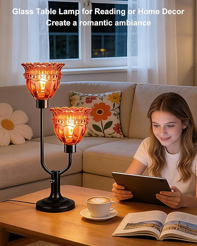 Lightdot Vintage Table Lamp Dimmable Mid Century Modern Black Desk Lamp Red Glass Nightstand Lamp 2 Bulbs Included Warmwhite Ambient Bedside Lamps for Living Room Bedroom Girls Room Home Office Decor