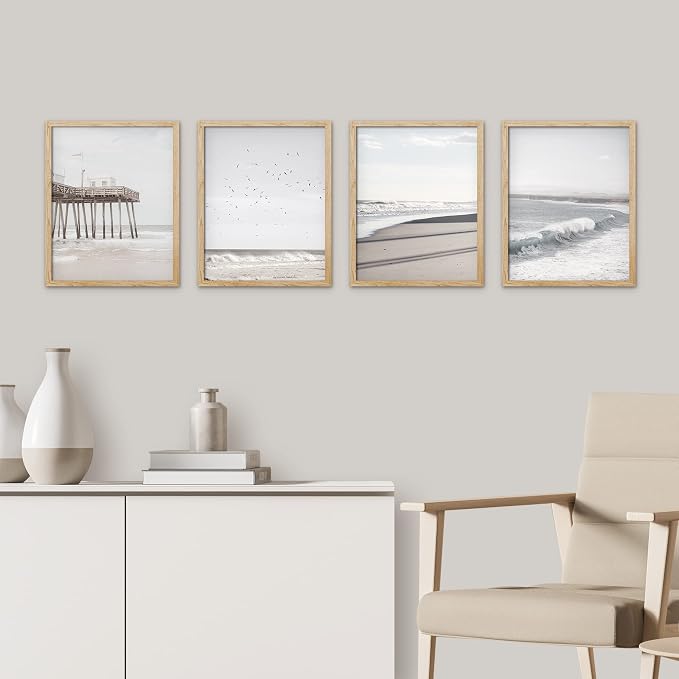 SIGNWIN Framed White Minimalist California Ocean Beach Seashore Pier Wall Art, Set of 4 Landscape Colorful Wall Decor Prints, Nature Wilderness Wall Décor for Living Room, Bedroom - 11"x14" Natural