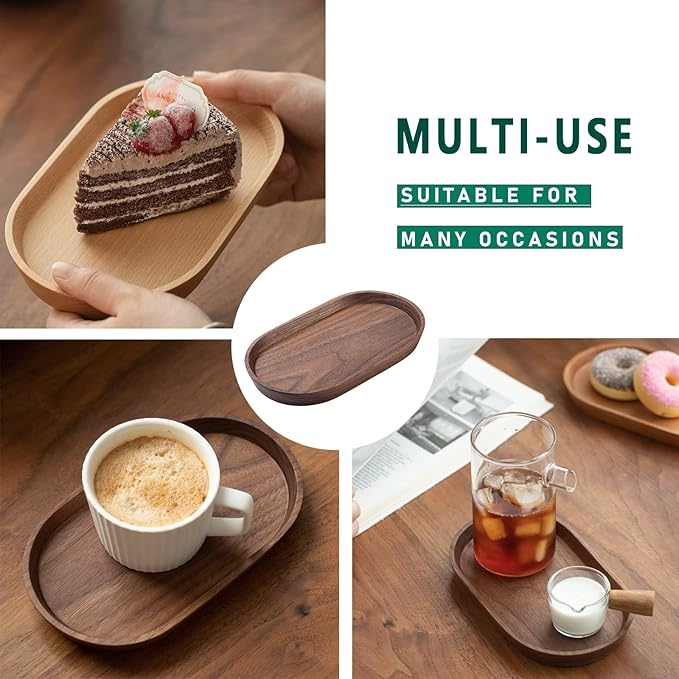 Mini Serving Trays for Parties, Small Decorative Tray for Tea＆Coffee, Oval Wooden Plates for Serving Food for Appetizer＆Vegetables for Bathroom 7.8"×4.6" (Walnut, Set of 2)