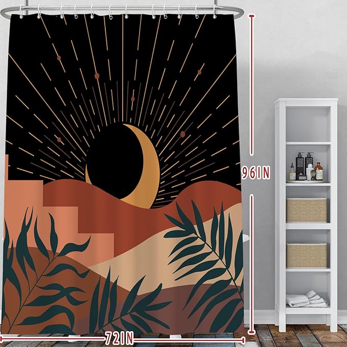 Baocicoo Boho Abstract Moon Shower Curtain - Mid Century Sunset Mountain Design, Minimalist Aesthetic, Waterproof, 72x96 Inches