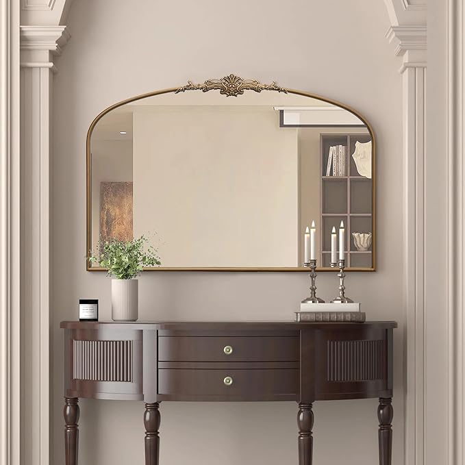 Besdomus Vintage Arched Gold Mirror: 48"x33" Oversize Gold Antique Wall Mounted Mirror - Baroque Traditional Ornate for Entryway/Fireplace/Bathroom/Hallway - Home Decor for Fashion-Conscious