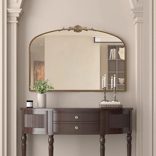Besdomus Vintage Arched Gold Mirror: 48"x33" Oversize Gold Antique Wall Mounted Mirror - Baroque Traditional Ornate for Entryway/Fireplace/Bathroom/Hallway - Home Decor for Fashion-Conscious