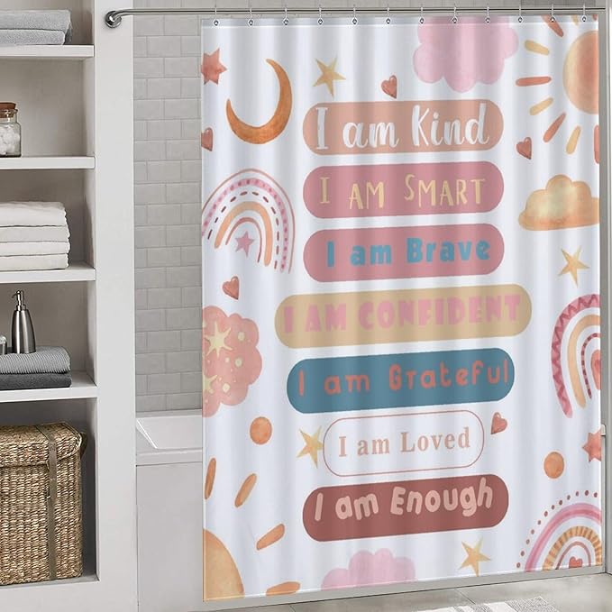 Rainbow Shower Curtain, Pink Boho Cute Inspirational Motivational Quotes Rainbow Colorful Pastel Waterproof Fabric Bathroom Shower Curtain for Baby Kids Girls Set with Hooks, 72"x84" Inch