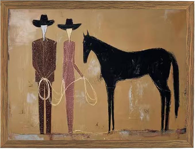 Western Cowboy Wall Art Framed, Abstract Horse Canvas Print, Neutral Japandi Ranch Wall Decor for Living Room Bedroom Home 12x16 Inches