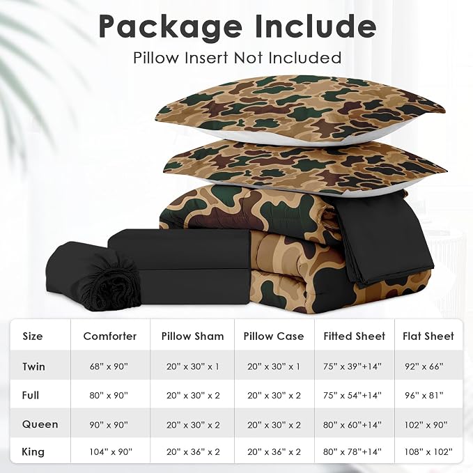 7Pcs Comforter Set Full Size, Brown Camouflage Camo Hunting Hunter, Bedding Decor Wood Green Desert Army Military Bedroom Bed Set Flat Sheet Fitted Sheet Pillowcases Shams for Kids Adults