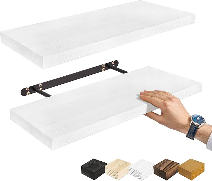 Sorbus Wood Floating Shelves for Wall - 24” Solid Wood Wall Shelves for Bathroom Decor, Books, Bedroom & Living Room - Set of 2 White Mounted Kitchen Shelves - Durable Solid Pine