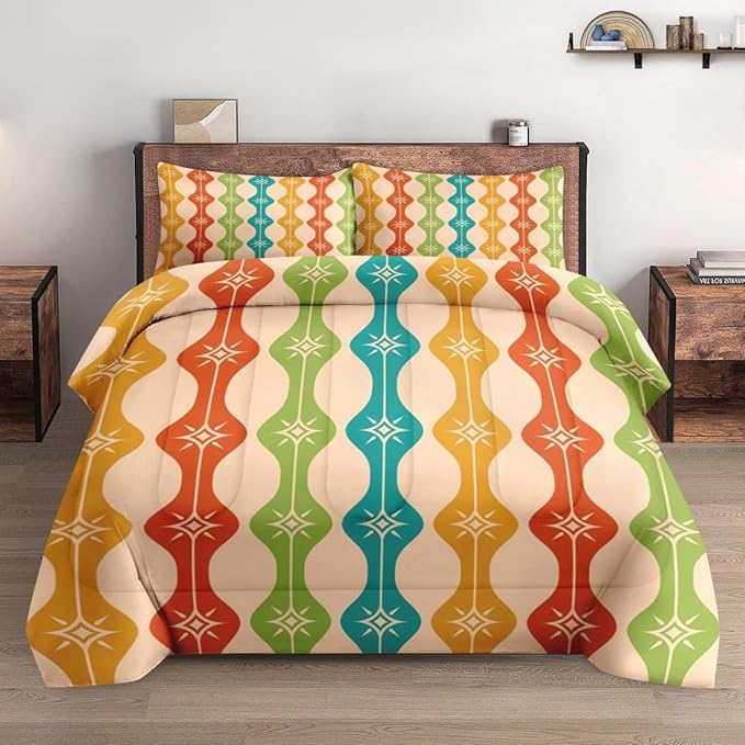 Pamnest Comforter Set Full Size, Mid Century Atomic Colorful Soft Bedding for Kids and Adults, Green Teal Orange Comforter Set with 2 Pillowcases for Bedroom Bed Decor