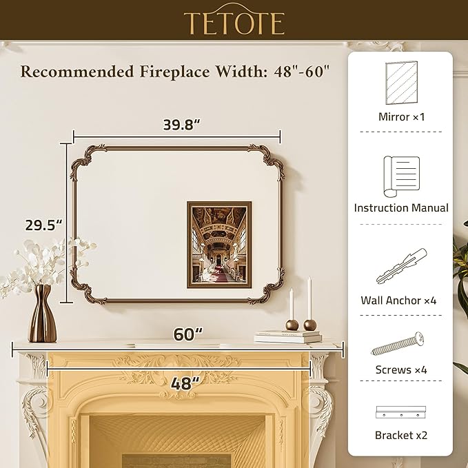 TETOTE Baroque Gold Antique Brass Rectangle Scroll Wall Mirror 40 x 30 Vintage Rounded Corner Framed Baroque French Rectangular Mirror for Mantle Fireplace Bathroom Living Room, Horizontal/Vertical