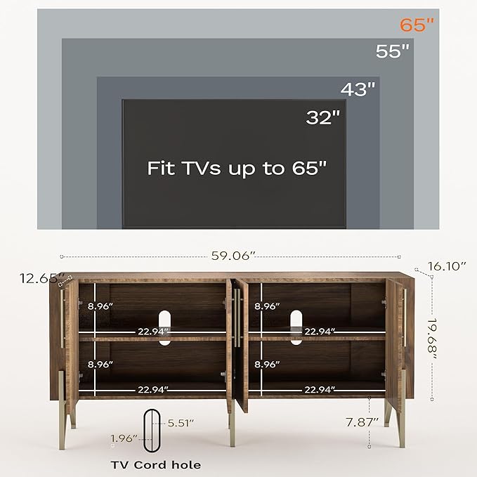 roomfitters Walnut Mid Century Modern TV Stand for TVs up to 65", Sideboard Buffet Cabinet for Living Room, Walnut Entertainment Center with Doors, Credenza Media Console with Storage, Gold Legs…