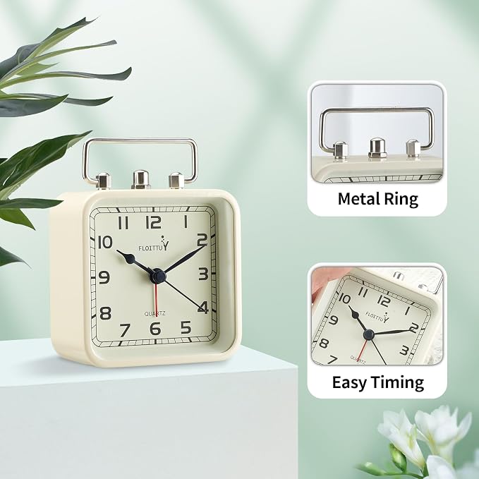 FLOITTUY Square Metal Beep Alarm Clock Silent No Ticking, Snooze and Battery Operated, Night Light and Desk Clock for Bedroom/Travel/Kids, Easy Set(Cream White)