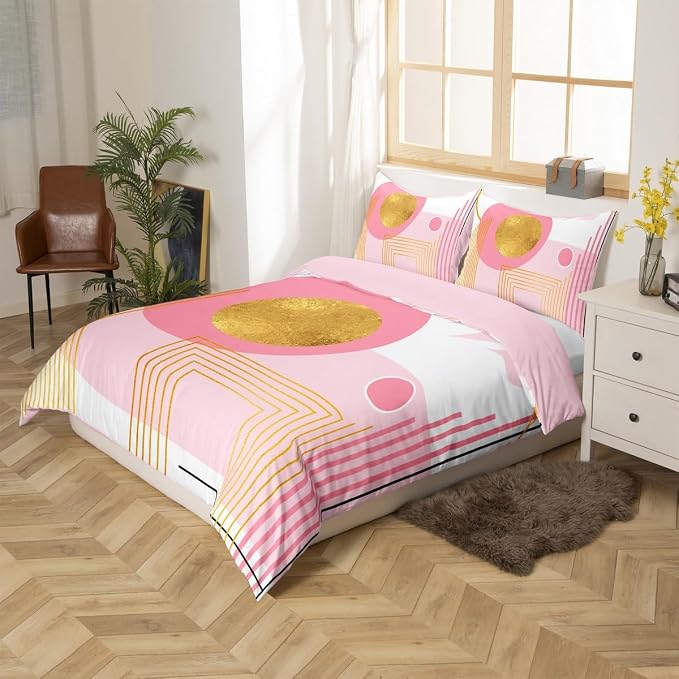 Erosebridal Pink and White Abstract Boho Queen Comforter Cover Minimalist Aesthetic Neutral Duvet Cover Mid Century Modern Bed Set Botanical Leaves Geometric Bedding Set