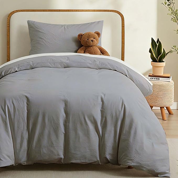 LOVQUE Light Grey Cotton Duvet Cover Twin Size, Linen Like Natural Bedding Set with Zipper Closure (No Comforter), 68x90 Inches