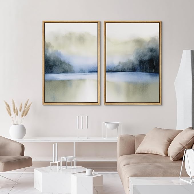 IDEA4WALL Framed Canvas Print Wall Art Set Serene Blue Lake Watercolor Landscape Illustrations Modern Art Decorative Coastal Cottage Seascape for Bedroom - 16"x24"x2 Natural