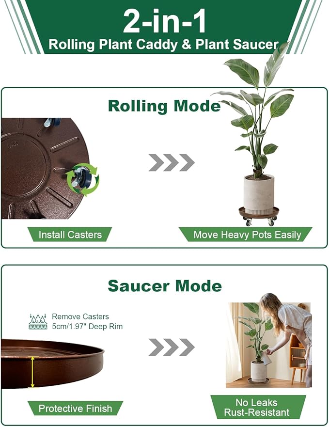 Plant Saucer 14" Rolling Plant Caddy Rolling Plant Stand with Wheels – Heavy Duty Metal, Locking, Sturdy, Rust-Resistant Finish, and Easy to Move, 390 lb Capacity
