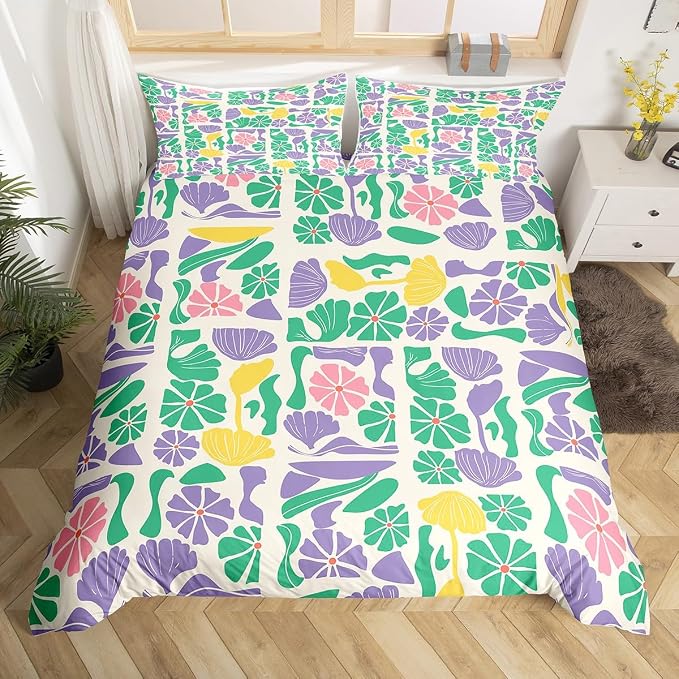Erosebridal Retro Abstract Boho Colorful Floral Bedding Set Full Mid Century Modern Duvet Cover Purple Green Pink Patchwork Geometric Comforter Cover for Kids Adults,Vintage Retro Botanical Bed Set