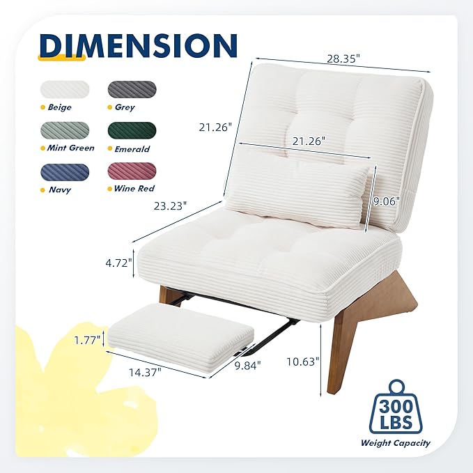 Accent Chair with Ottoman Adjustable Backrest, Stripe Living Room Chair Indoor Lounge Chair with Build-in Footrest Set, Modern Chair Cozy Reclining Chair for Reading Room, White