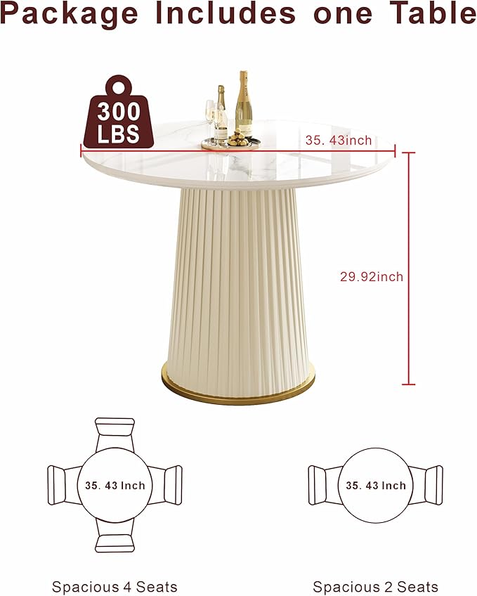 35.43" Round Dining Table for 2, Modern Sintered Stone Top Wood Circle Kitchen Table with PU Leather Iron Pedestal for Dining Room Kitchen, Dinner Living Room, Restaurant White