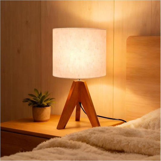 Table Lamp, Small Side Table lamp with Linen Shade, Bedside Lamps for Living Room, Bedroom, Night Stands, Nursery, Kids Room, Wood Base, E26 Socket, 14.2 Inch（1pcs）