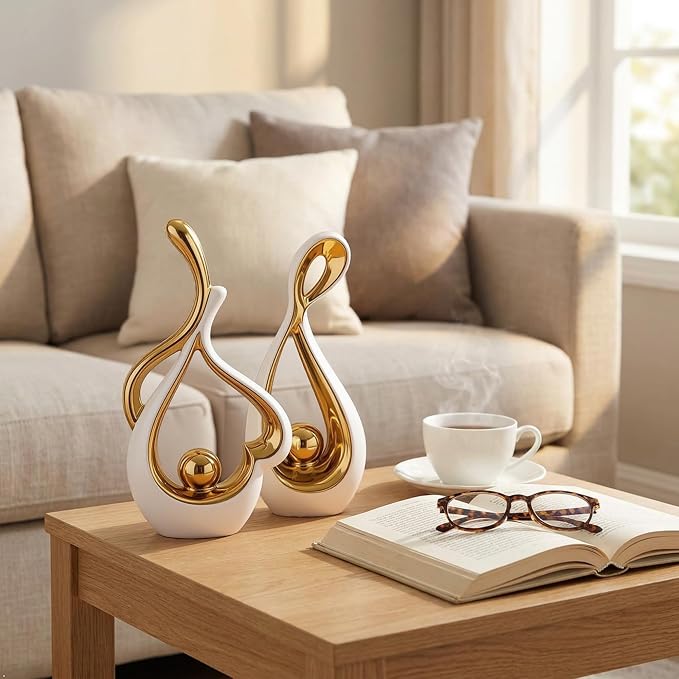 White Gold Abstract Ceramic Sculpture Set of 2, Modern Statues for Living Room Shelf Coffee Table Decor, Mid Century Art Deco Centerpiece, Glossy Decor for TV Stand Dining Table Mantel Entryway