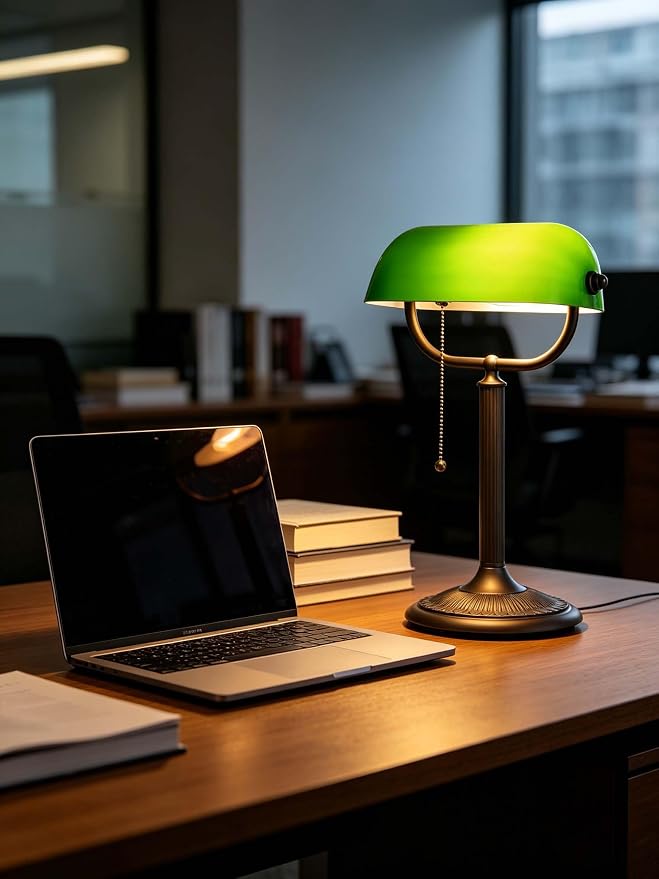 1-Minute Quick-Change Shade Antique Green Glass Bankers Desk Lamp for Study, Office, Library,LED Bulb Included