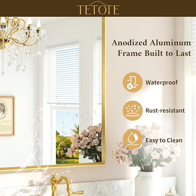 TETOTE Brushed Gold Vanity Mirror for Bathroom 40" x 30" Brushed Brass Rectangle Beveled Framed Bathroom Wall Mirror for Over Sink, Tempered Glass, Modern Farmhouse Bedroom, Entryway, Living Room