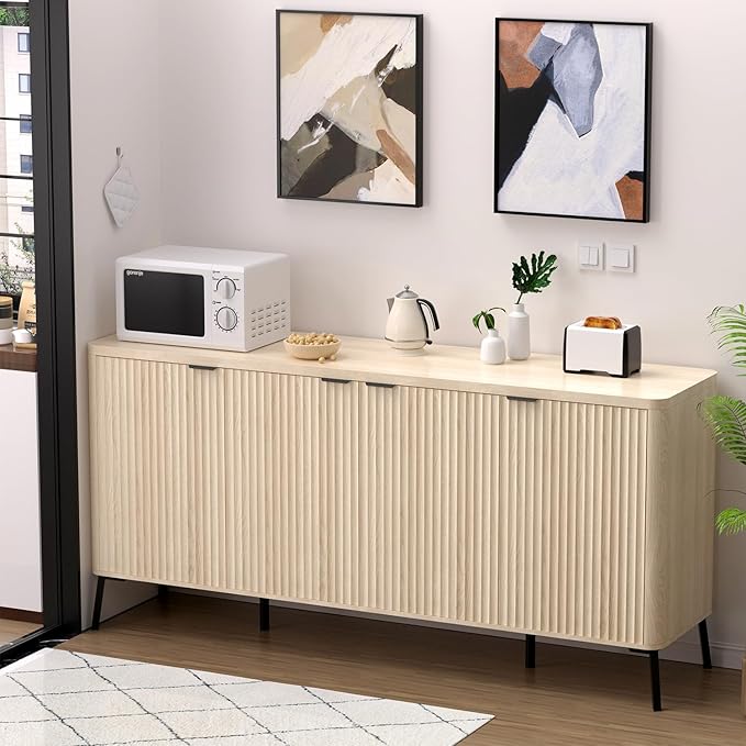 Buffet Cabinet, 63" Large Sideboard Buffet Cabinet with Storage, Modern Fluted Sideboard with 4 Doors, Wood Credenza Coffee Bar Storage Cabinet, for Living Room, Kitchen, Hallway, Oak