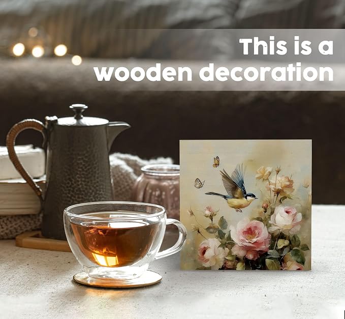 Vintage Floral Bird Decor Signs, Bird Gifts for Women Men Lover, Neutral Cottagecore Botanical Flower Wooden Box Sign for Home Bedroom Desk Table Shelf 5x5 Inch