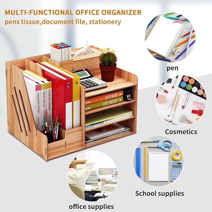 FYY Desk Organizer Wooden Desktop Organizer with 3 Trays - Assembly is Required - Large Desk File Organizer Office Supplies Desk Organizer Tray, Pen Holder and Tissue Box for School Home