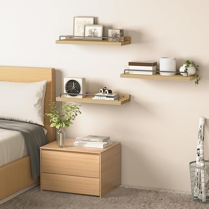 Floating Shelves for Wall Decor, Light Brown Wood Shelves for Bathroom, Living Room, Bedroom, Picture Frames, Plants, Kitchen (Set of 3)