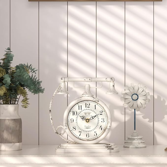 Vintage Table Clock, Desk and Shelf Decor Clock, White Antique Telephone Style Mantel Clocks, for Living Room, Farmhouse, Bedroom, Bedside, Gift (7.3" H x 7.3" W)