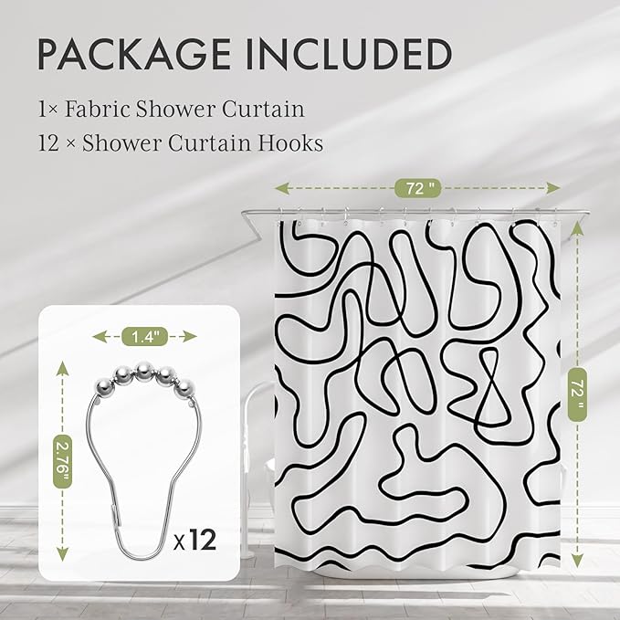 AmazerBath Shower Curtain, Washable Cloth Black and White Shower Curtain Sets with 12 Metal Shower Curtain Hooks, Rustic Abstract Black Lines Art Fabric Shower Curtains for Bathroom Decor, 72x72 Inch
