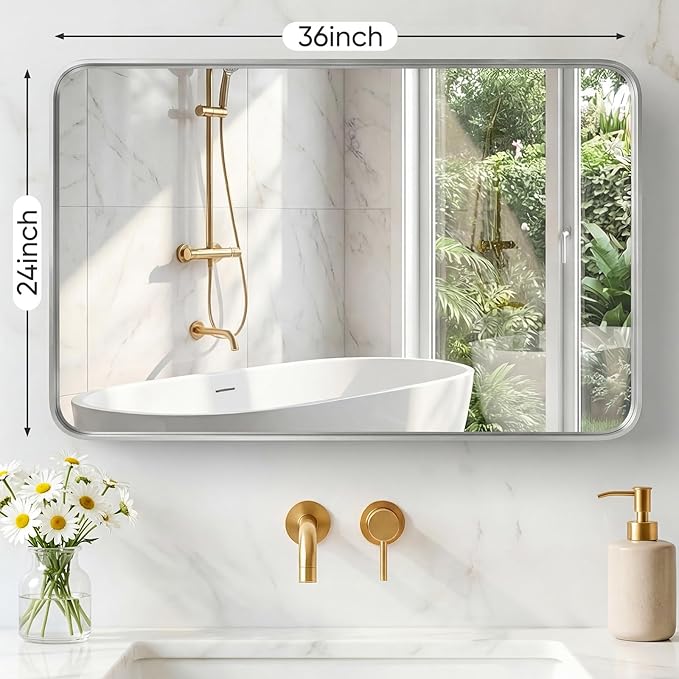 NEWBULIG 24X36 Inch Bathroom Mirror for Over Sink, Wall Vanity Mirrors Tempered Glass, Anti-Rust Metal Framed Rounded Rectangle, Hangs Horizontally or Vertically, Farmhouse Home Decor, Silvery