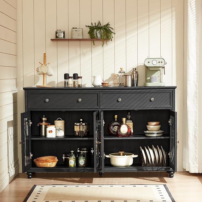 Farmhouse Sideboard Buffet Cabinet Set of 2 with Storage,59" Large Credenza with 4 Glass Door & 2 Drawers,Adjustable Shelves Console Table,Wood Kitchen Coffee Bar for Dining Room,Black