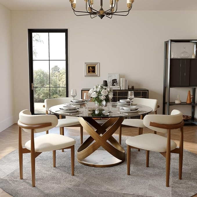 POVISON 51" Modern Round Dining Table, Glass Round Kitchen Table for 4, Tempered Glass Dining Room Table top with Bronze X Carbon Steel Base (Dining Table Only)