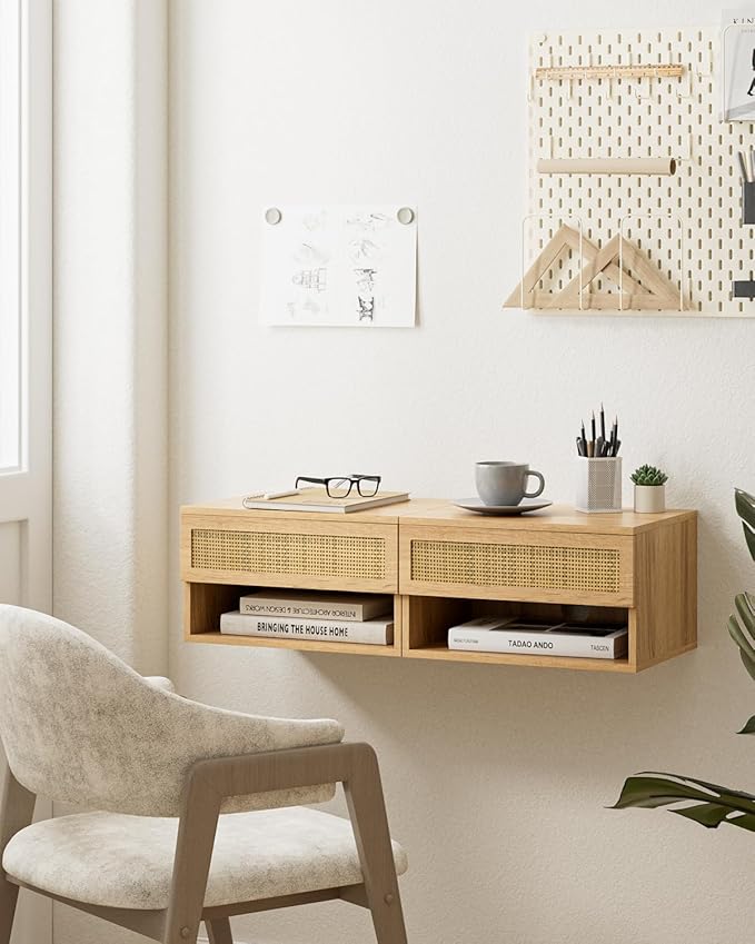 Floating Nightstand, Small Modern Floating Nightstand with Drawer, Floating Shelves for Bedroom, Bathroom (Oak Rattan)