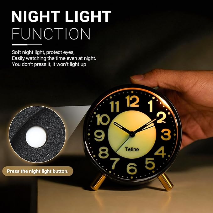Tetino Analog Alarm Clock,Super Silent Non Ticking Small Clock with Night Light, Battery Operated, Simple Design, for Bedroom, Bedside, Desk, Adult, Kid, Gift，Ideal Decor (Light Luxury Gray)