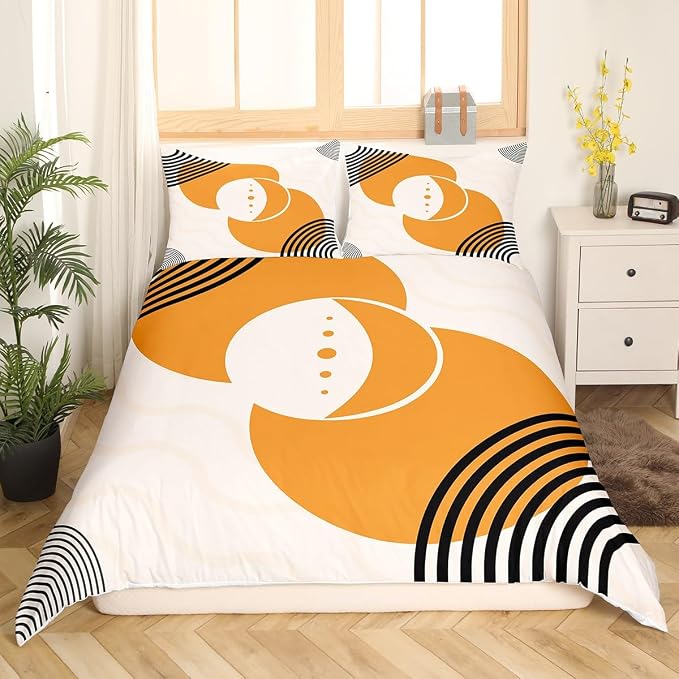 Erosebridal Orange Minimalist Bedding Sets Twin Mid Century Comforter Cover, Geometric Circle Bed Set Black Creamy White Aesthetic Duvet Cover, Modern Quilt Cover Microfiber 2 Pieces (Zipper Closure)